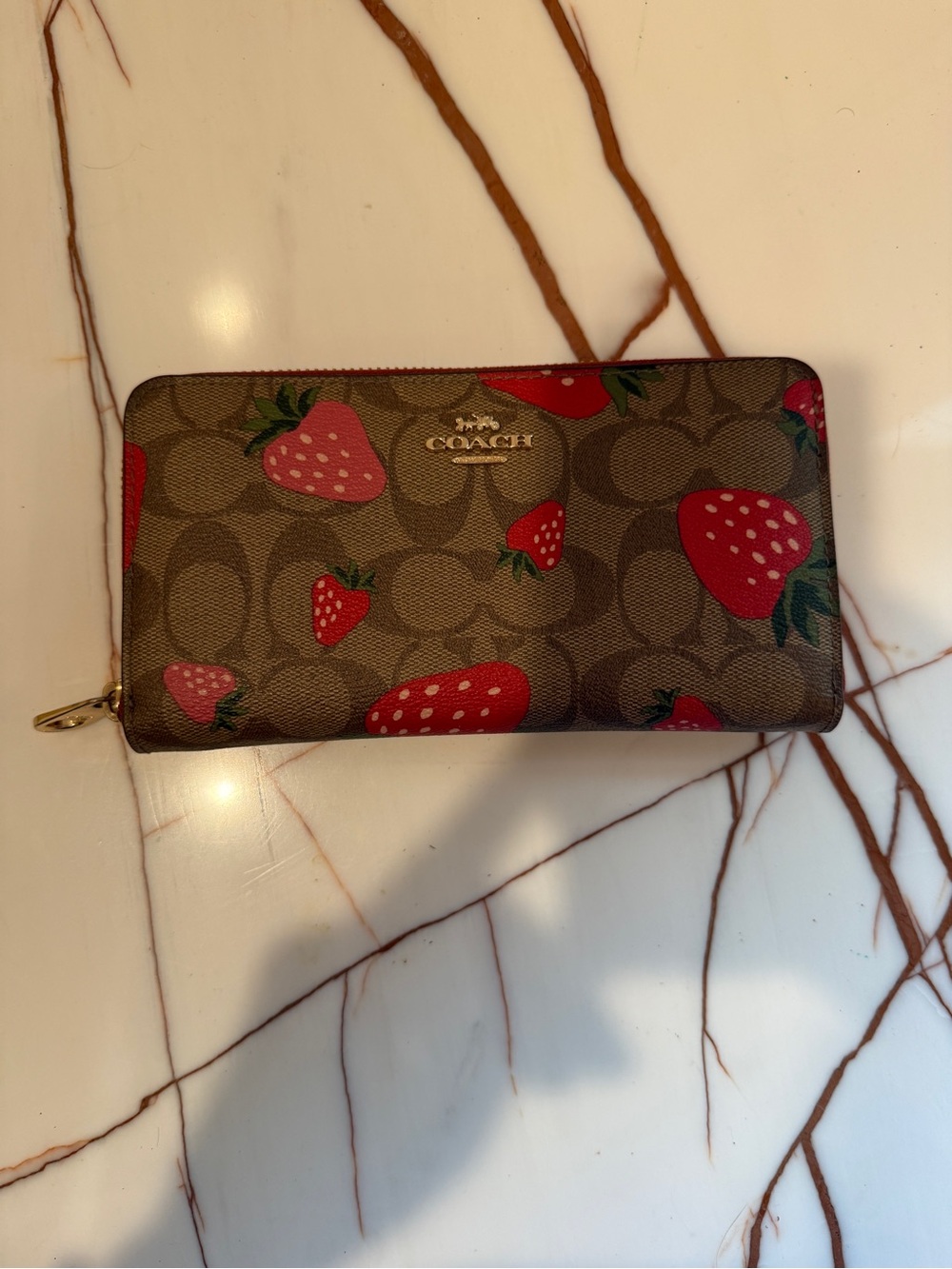Coach Brown Signature Zip Wallet with Red Strawberry Print